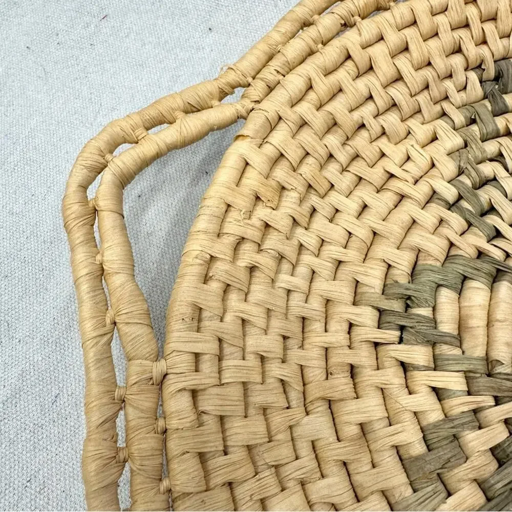 Vintage set of 2 southwest boho woven wicker basket/tray in natural‎ & greens